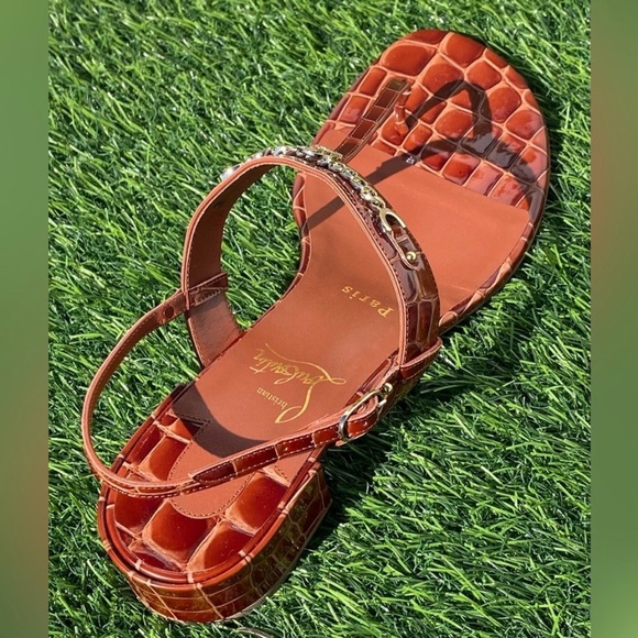 CHRISTIAN LOUBOUTIN MJ THONG CARAMEL BROWN CROC LEATHER SANDALS SZ 39 BLOCK HEEL - Picture 12 of 16